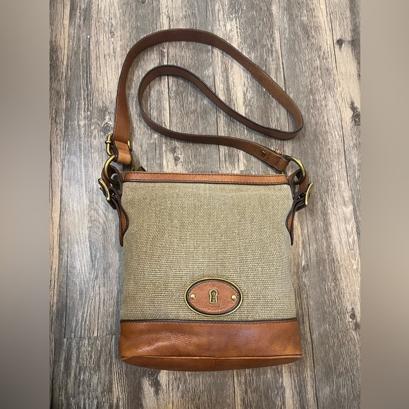 Fossil Handbags - Fossil Vintage Maddox Crossbody Leather and Canvas Zip Top Bag
